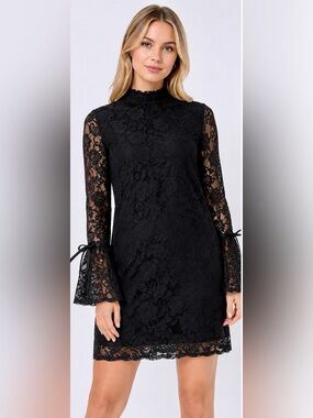 NWT Libby Edelman Black Floral Lace Bell Sleeve Mock Neck Dress Small